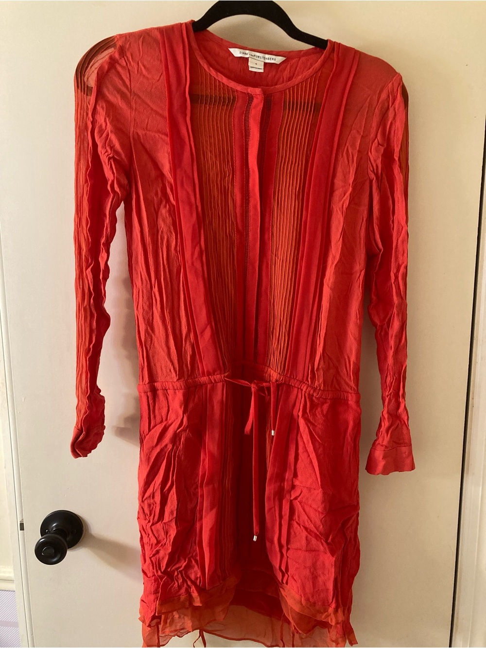 Diane Von Furstenberg Red Long Sleeve Pintuck Drawstring Dress